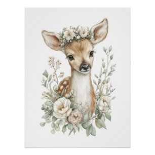 Süße Wasserfarben-Babytiere mit Blumen Poster