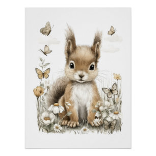 Süße Wasserfarben-Babytiere mit Blumen Poster