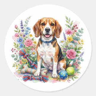 Süße Wasserfarben-Beagle in Blumen Runder Aufkleber