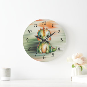 Süße Wasserfarben-Dinosaurier-Baby-Party Große Wanduhr