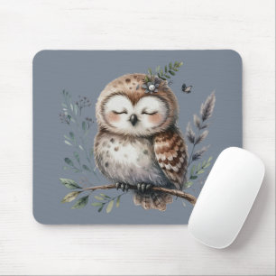 Süße Wasserfarben-Eule im florigen Waldstil Mousepad