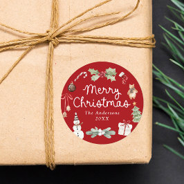 Süße Wasserfarben Illustrationen Frohe Weihnachten Runder Aufkleber