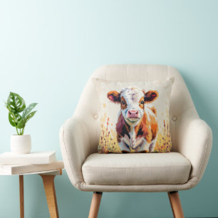 Süße Wasserfarben-Kuh auf einem Blumenfeld Kissen
