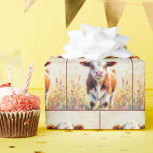 Süße Wasserfarben-Kuh auf einem Feld voller Blumen Geschenkpapier