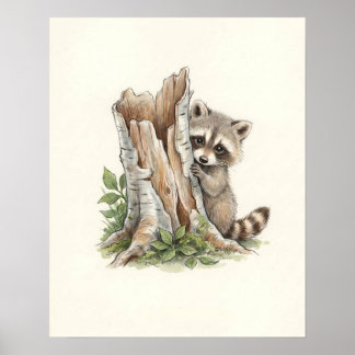 Süße Wasserfarben-Peeking-Waschbär-Waldkunst Poster