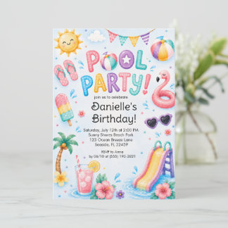 Süße Wasserfarben-Poolparty-Geburtstagsfeier  Einladung