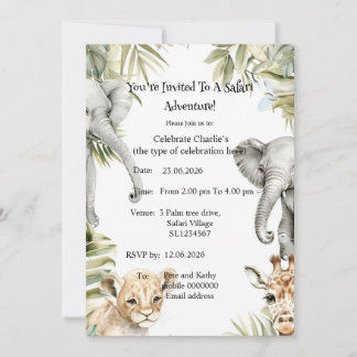 Süße Wasserfarben-Safari-Baby-Tiere Party-Einladun Einladung