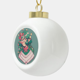 Süße Weihnachts-Elf-Anime-Girl Keramik Kugel-Ornament
