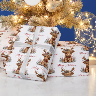 Süße Weihnachts-Hochlandkuh mit festlichen Geweihe Geschenkpapier