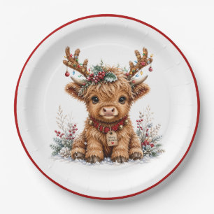 Süße Weihnachts-Hochlandkuh mit festlichen Geweihe Pappteller