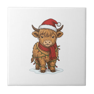 Süße Weihnachts-Hochlandkuh Vintage-Gravur-Shirt Fliese