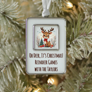 Süße Weihnachts-Rentier-Szene Schneebedeckter Wald Rahmen-Ornament Silber