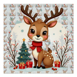 Süße Weihnachts-Rentier-Szene Verschneiter Wald Poster