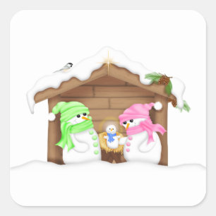 Süße Weihnachts-Schneemann-Krippe Quadratischer Aufkleber