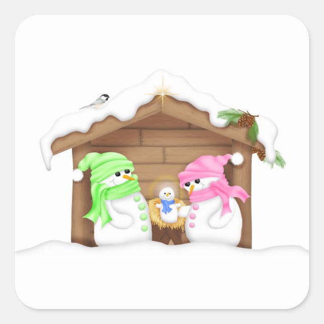 Süße Weihnachts-Schneemann-Krippe Quadratischer Aufkleber (Vorderseite)