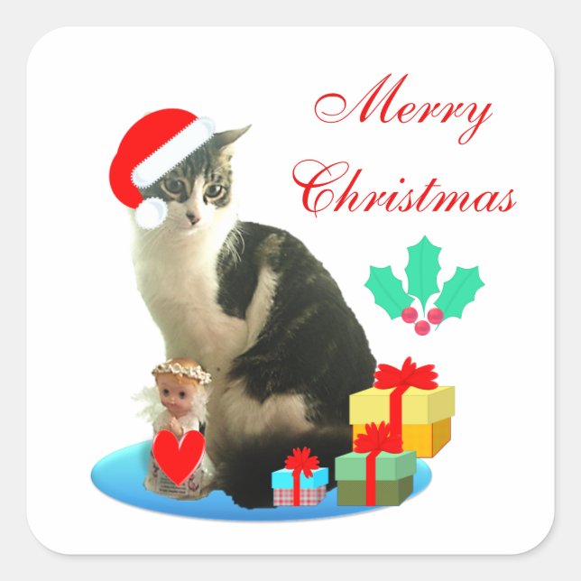 Süße Weihnachts-Tabby-Katze Quadratischer Aufkleber (Vorderseite)