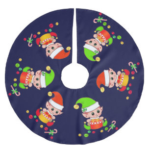 Süße Weihnachtselfen auf Navy Blau Polyester Weihnachtsbaumdecke