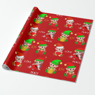 Süße Weihnachtselfen auf Rot Geschenkpapier