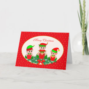 Süße Weihnachtselfen & goldene Sterne auf roter Ka Feiertagskarte