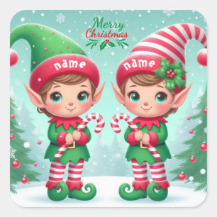 Süße Weihnachtselfen Quadratischer Aufkleber