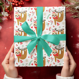 Süße Weihnachtsfaultiere in Santa-Hüten Rot und Gr Geschenkpapier