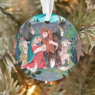 Süße Weihnachtsillustration mit religiöser Krippen Ornament