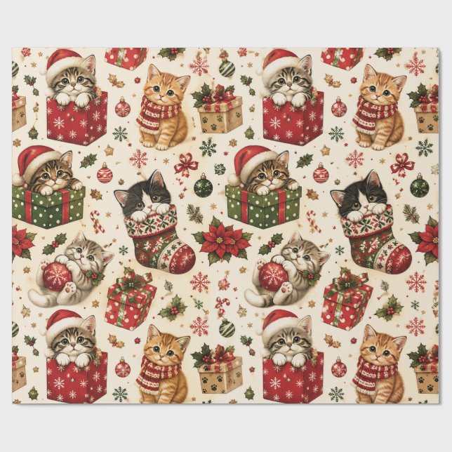 Süße Weihnachtskätzchen & Festtagsmuster Geschenkpapier (Flach)
