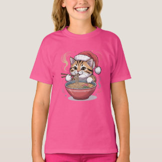 Süße Weihnachtskatze, die Ramen isst, niedliche We T-Shirt