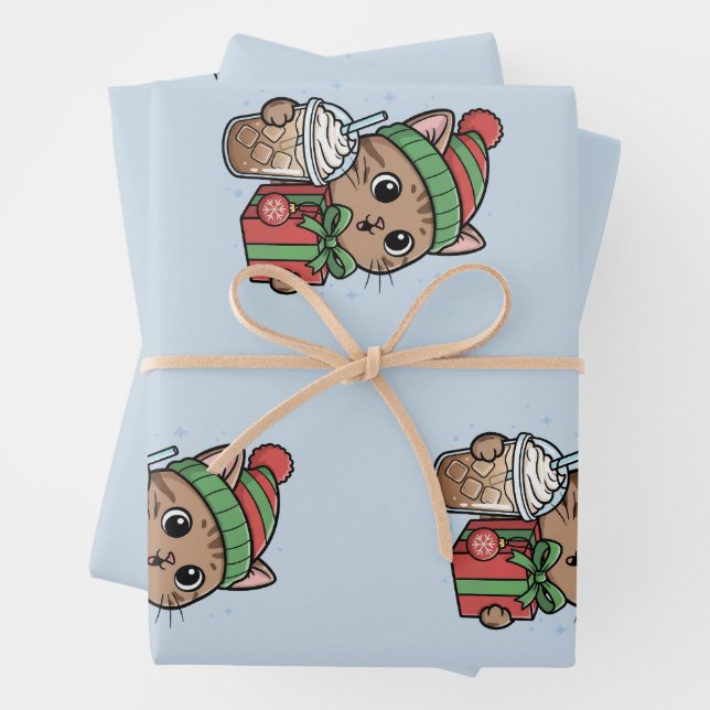 Süße Weihnachtskatze & Eiskaffee-Muster-Wrap  Geschenkpapier Set (Beispiel)