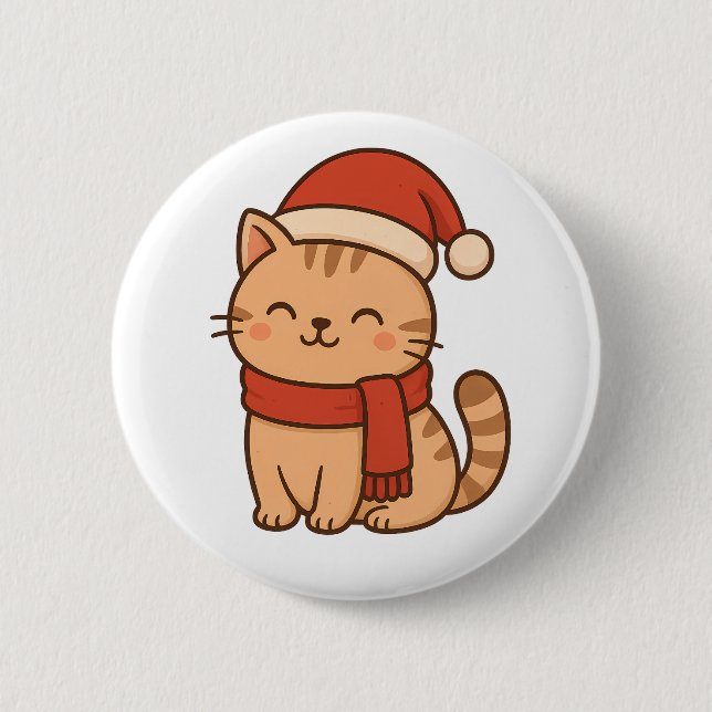 Süße Weihnachtskatze mit Schal Button (Vorderseite)