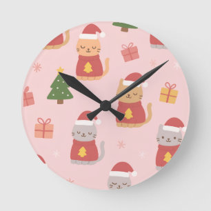 Süße Weihnachtskatzen Muster – Rosa Holiday Design Runde Wanduhr
