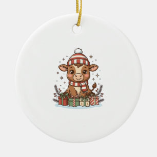 Süße Weihnachtskuh mit Geschenken Vintage Vektor_1 Keramik Ornament
