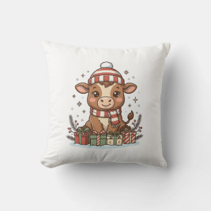 Süße Weihnachtskuh mit Geschenken Vintage Vektor_1 Kissen