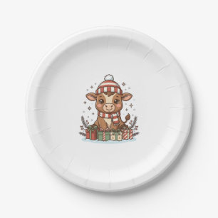 Süße Weihnachtskuh mit Geschenken Vintage Vektor_1 Pappteller