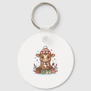 Süße Weihnachtskuh mit Geschenken Vintage Vektor_1 Schlüsselanhänger