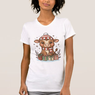 Süße Weihnachtskuh mit Geschenken Vintage Vektor_1 T-Shirt