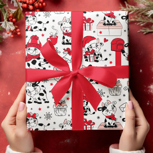 Süße Weihnachtskühe Rot Schwarz und Weiß Geschenkpapier