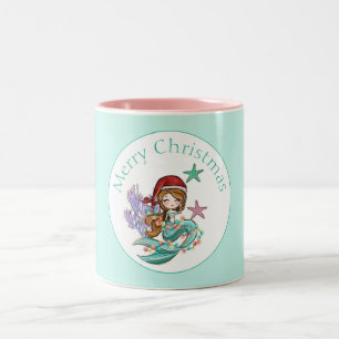Süße Weihnachtsmeerjungfrau mit Santa-Hut in Rosa Zweifarbige Tasse