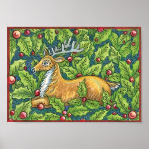 Süße Weihnachtsrenentiere im Wald mit Stechpalme Poster