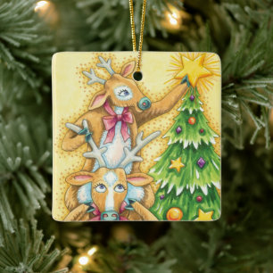 Süße Weihnachtsrentier mit Weihnachtsbaumstern Keramikornament