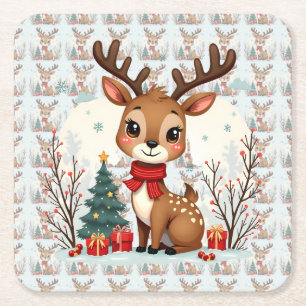 Süße Weihnachtsrentier-Szene Schneewald Rechteckiger Pappuntersetzer