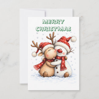 Süße Weihnachtsrentier- und Schneemannumarmung Dankeskarte