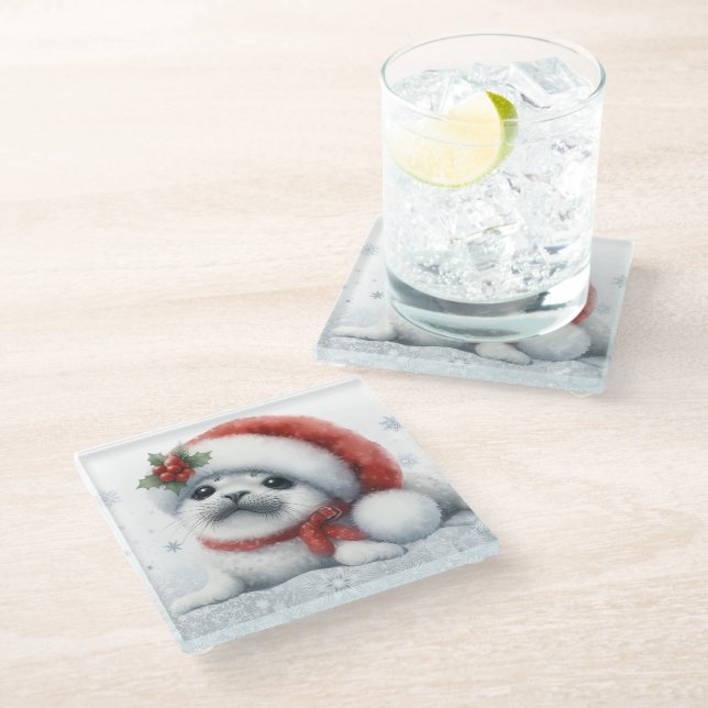 Süße Weihnachtsrobbe Glasuntersetzer (Schrägansicht)