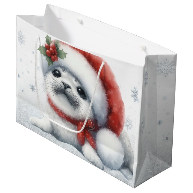 Süße Weihnachtsrobbe Große Geschenktüte (Vorderseite Schrägansicht)
