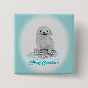 Süße weiße Baby-Seeeotter, Frohe Weihnachten Button