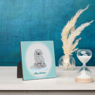 Süße weiße Baby-Seeeotter, Frohe Weihnachten Fotoplatte