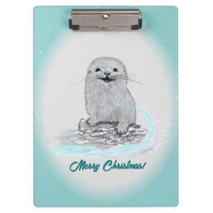 Süße weiße Baby-Seeeotter, Frohe Weihnachten Klemmbrett