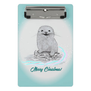 Süße weiße Baby-Seeeotter, Frohe Weihnachten Mini Klemmbrett