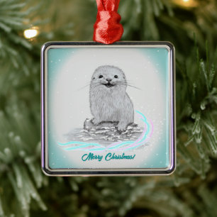 Süße weiße Baby-Seeeotter, Frohe Weihnachten Ornament Aus Metall