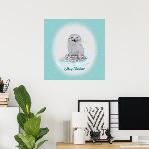 Süße weiße Baby Seeotter , Frohe Weihnachten Poster